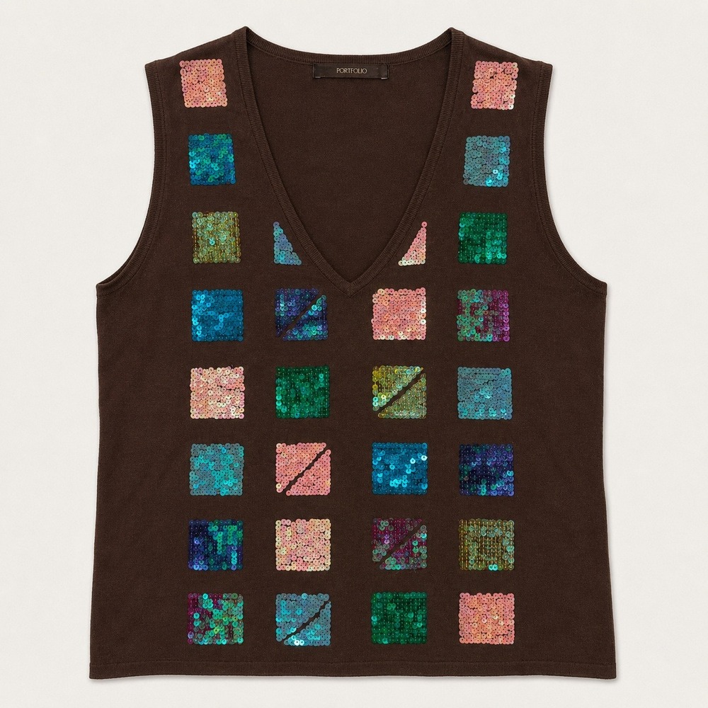 Vtg Y2K Portfolio Brown Sequin Square Knit Vest V-Neck M Fairy Mermaid Party Top